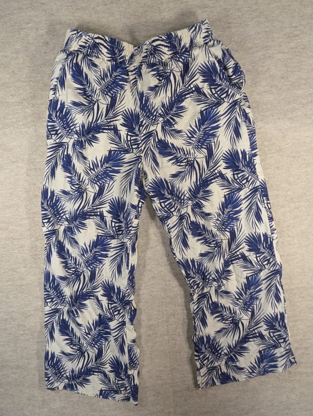 Panama Jack Navy Linen Blend Palm Print Cropped Casual Pants Resortwear Summer S